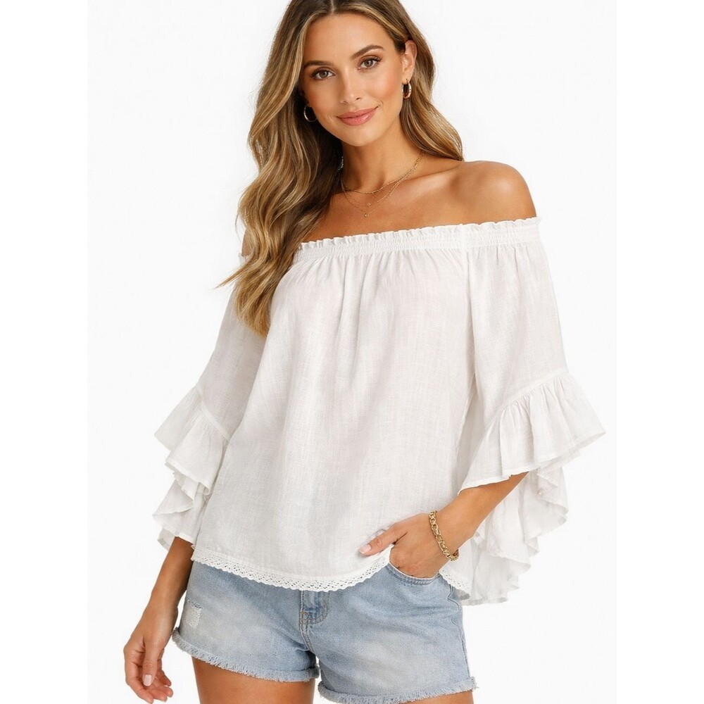 Blanc du Nil White Cotton Gauze Ruffle Sleeve Smocked Neck Boho Peasant Blouse